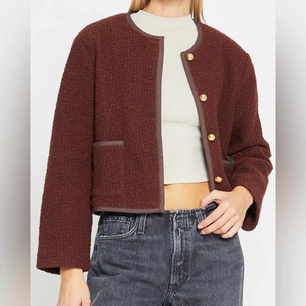Chocolate Brown Teddy Jacket with Gold Accents Caara/Few Moda